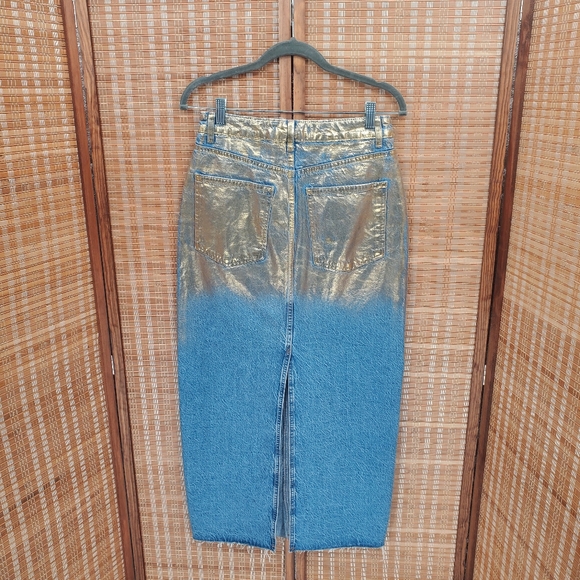 ☆ Zara Z1975 High Rise Gold Metallic Denim Midi Skirt Size Small - Picture 7 of 10